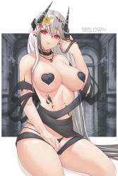Rule 34 | 1girl, absurdres, arknights, bare shoulders, black horns, breasts, commission, covered erect nipples, ear piercing, flower, hair flower, hair ornament, heart pasties, highres, horns, indoors, jewelry, large breasts, looking at viewer, melowh, mudrock (arknights), necklace, pasties, piercing, pointy ears, red eyes, ringed eyes, sitting, skindentation, solo, spaghetti strap, topless, white hair