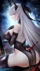 Rule 34 | 1girl, absurdres, arknights, ass, bare shoulders, binggong asylum, breasts, chained sarkaz girl, demon horns, detached collar, earrings, elbow gloves, eyes visible through hair, gloves, hair ribbon, highres, horns, jewelry, large breasts, leotard, long hair, looking at viewer, pointy ears, red eyes, revision, ribbon, solo, tail, thighhighs, thighs, very long hair, wet, white hair