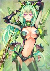Rule 34 | 10s, 1girl, arm up, armor, arms up, bad id, bad pixiv id, black gloves, bodysuit, bracer, breasts, center opening, cleavage, commentary, contrapposto, cowboy shot, elbow gloves, faulds, female focus, gloves, green hair, green heart (neptunia), headgear, high ponytail, highres, holding, holding weapon, jpeg artifacts, large breasts, light smile, long hair, looking at viewer, magical girl, navel, neon trim, neptune (series), pink eyes, polearm, ponytail, power symbol, power symbol-shaped pupils, purple eyes, solo, spear, standing, sxbzero, symbol-shaped pupils, thighhighs, turtleneck, vert (neptunia), very long hair, weapon