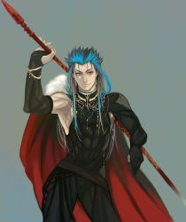 Rule 34 | 1boy, alternate costume, bad id, bad pixiv id, blue background, blue hair, cape, cu chulainn (fate), cu chulainn (fate/stay night), earrings, elbow gloves, fate/stay night, fate (series), fingerless gloves, gae bolg (fate), gloves, grey background, jewelry, jun (ash), long hair, male focus, polearm, red eyes, simple background, solo, spear, weapon