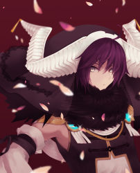 Rule 34 | 1boy, black shirt, closed mouth, commentary request, detached sleeves, expressionless, falling petals, fur collar, grey eyes, hair between eyes, highres, horns, looking at viewer, male focus, omanjuu (tamppcn), petals, purple hair, ragnarok online, red background, shirt, solo, sorcerer (ragnarok online), tassel, upper body, white horns, white sleeves