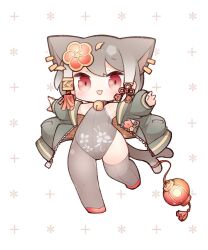 Rule 34 | 1girl, :d, animal ears, bare shoulders, bell, blush, cat ears, cat girl, cat tail, chibi, commentary request, ear piercing, floral print, full body, gradient hair, grey hair, grey jacket, grey leotard, grey pantyhose, grey thighhighs, hair ornament, highres, jacket, jingle bell, kinakomoti, leotard, long sleeves, looking at viewer, multicolored hair, neck bell, open clothes, open jacket, open mouth, original, pantyhose, piercing, print leotard, puffy long sleeves, puffy sleeves, red eyes, red footwear, shoes, simple background, single leg pantyhose, single thighhigh, sleeves past wrists, smile, solo, standing, standing on one leg, tail, thighhighs, white background, white hair