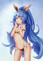 Rule 34 | 10s, 1girl, animal ears, arm strap, bell (angelicalary), bikini, blue bikini, blue hair, breasts, cleavage, detached collar, earrings, erune, ferry (granblue fantasy), frilled bikini, frills, gluteal fold, granblue fantasy, hands on own face, hoop earrings, jewelry, lips, long hair, looking at viewer, navel, open mouth, ponytail, rabbit ears, shiny skin, simple background, single earring, small breasts, solo, stomach, swimsuit, thighs, very long hair, wavy hair, yellow eyes