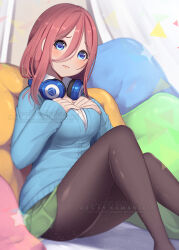 Rule 34 | bed sheet, blue eyes, blush, breasts, buttons, curtains, ears, eyebrows, eyelashes, go-toubun no hanayome, hair between eyes, hands on breasts, headphones, headphones around neck, kamaniki, large breasts, lips, long sleeves, looking at viewer, nakano miku, pillow, red hair, sitting, skirt, star (symbol), triangle, watermark