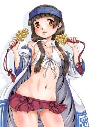 Rule 34 | 1girl, amayadori machi, bikini, blue headband, blunt bangs, blunt ends, breasts, commentary request, contrapposto, covered erect nipples, cowboy shot, front-tie bikini top, front-tie top, gluteal fold, headband, japanese clothes, kumamiko, low twintails, miniskirt, navel, pleated skirt, skirt, small breasts, smile, solo, swimsuit, twintails, type 90 (daihon&#039;ei), white bikini
