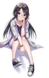 Rule 34 | 1girl, bare legs, black skirt, blouse, blue eyes, blue shorts, blush, bracelet, closed mouth, collarbone, commentary, dot nose, forehead, full body, glasses, hand up, idolmaster, idolmaster shiny colors, jewelry, knees together feet apart, long hair, looking at viewer, low twintails, mitsumine yuika, nail polish, necklace, omochimochi, open clothes, open shirt, parted bangs, shirt, shoes, short sleeves, shorts, sidelocks, simple background, sitting, skirt, sneakers, solo, twintails, wide sleeves