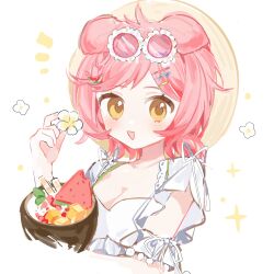 Rule 34 | 1girl, aimu9089, animal ears, arknights, bikini, braid, breasts, brown headwear, cat ears, cleavage, commentary request, cropped torso, eyewear on head, flower, food, frilled bikini, frills, fruit, fruit cup, goldenglow (arknights), goldenglow (summer flowers) (arknights), hair ornament, hairclip, hand up, highres, holding, holding flower, notice lines, official alternate costume, pink hair, red-tinted eyewear, simple background, small breasts, solo, sparkle, sunglasses, swept bangs, swimsuit, tinted eyewear, upper body, watermelon, watermelon slice, white background, white bikini, white flower, yellow eyes