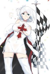 Rule 34 | 1girl, azur lane, blue eyes, breasts, cape, checkered flag, cleavage, clothing cutout, confetti, cross, cross earrings, dress, earrings, elbow gloves, flag, fur-trimmed cape, fur trim, gloves, hair between eyes, highres, holding, holding pole, jewelry, large breasts, looking at viewer, mugino kouji, off shoulder, open mouth, pole, race queen, red cape, short hair, sidelocks, silver hair, simple background, solo, thighhighs, tiara, tight clothes, tight dress, tirpitz (azur lane), underboob cutout, white background, white dress, white gloves, white thighhighs, wind
