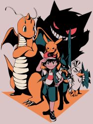 Rule 34 | ash ketchum, baseball cap, black hair, blue vest, brown eyes, creatures (company), dragonite, game freak, gen 1 pokemon, gen 4 pokemon, gen 8 pokemon, gengar, hand on headwear, hand on own hip, hat, highres, looking at viewer, lucario, nintendo, on head, open clothes, open vest, pikachu, pokemon, pokemon (anime), pokemon (creature), pokemon journeys, red headwear, shirt, short hair, shorts, simple background, sirfetch&#039;d, vest, white shirt
