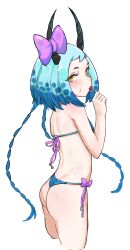 1girl absurdres aqua_hair ass ass_blush bare_shoulders bikini black_horns blue_bikini blue_hair blush bow braid breasts candy cinn_angl cowboy_shot eating food from_side hair_bow highres holding holding_candy holding_food holding_lollipop horns lollipop looking_at_viewer looking_to_the_side madeline_eschart multicolored_hair purple_bikini purple_bow re:zero_kara_hajimeru_isekai_seikatsu short_hair_with_long_locks shoulder_blush side-tie_bikini_bottom simple_background small_breasts solo standing sweatdrop swimsuit turning_head twin_braids two-tone_bikini two-tone_hair white_background yellow_eyes