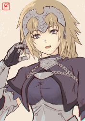 Rule 34 | 1girl, :d, armor, armored dress, blonde hair, blue eyes, capelet, chain, fate/apocrypha, fate/grand order, fate (series), faulds, fur trim, gauntlets, headpiece, jeanne d&#039;arc (fate), jeanne d&#039;arc (ruler) (fate), open mouth, plackart, smile, solo, upper body, washuu