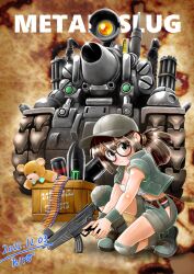 Rule 34 | 1girl, 2022, aiming, aiming at viewer, bandolier, boots, cannon, commentary, dated, english commentary, english text, explosive, fio germi, gatling gun, glasses, grenade, gun, hat, hiro68, knee pads, kneeling, lights, looking at viewer, machine gun, metal slug, military vehicle, motor vehicle, shorts, signature, stuffed animal, stuffed toy, submachine gun, sv001 (metal slug), tank, teddy bear, title, vest, weapon, wooden box, wristband