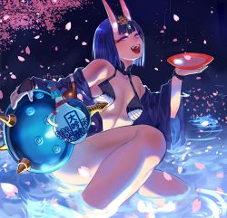 Rule 34 | 1girl, :d, bad id, bad pixiv id, bare shoulders, breasts, cherry blossoms, eyeliner, fang, fate/grand order, fate (series), gourd, horns, japanese clothes, kimono, long hair, makeup, off shoulder, ofstan, oni, open clothes, open kimono, open mouth, petals, purple eyes, purple hair, short hair, shuten douji (fate), shuten douji (first ascension) (fate), smile, solo, teeth, water