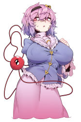 Rule 34 | 1girl, @ @, absurdres, blouse, breasts, buttons, collared shirt, eyeball, frilled shirt collar, frilled skirt, frilled sleeves, frills, heart button, highres, komeiji satori, large breasts, long skirt, long sleeves, messy hair, narrow waist, nyong nyong, pink skirt, purple hair, red eyes, ribbon trim, shirt, short hair, simple background, skirt, solo, touhou, white background, wide hips, wide sleeves