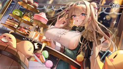 Rule 34 | 1girl, absurdres, aiguillette, azur lane, black bow, black bowtie, black coat, black hairband, blonde hair, blue eyes, blurry, blush, bokeh, bow, bowtie, breasts, cake, camera, coat, coat on shoulders, commentary, copyright name, cowboy shot, cupcake, depth of field, eating, epaulettes, food, food on body, food on breasts, food on face, furrowed brow, gorizia (azur lane), green jacket, green skirt, hair intakes, hairband, highres, jacket, large breasts, logo, long hair, long sleeves, looking at viewer, macaron, manjuu (azur lane), meion, official art, open mouth, pleated skirt, pudding, shirt, sideboob, sitting, skirt, solo, spilling, swiss roll, table, tiered tray, two side up, watermark, white shirt
