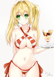 Rule 34 | 1girl, absurdres, ahoge, artist name, bikini, blonde hair, blush, breasts, cleavage, commentary request, criss-cross halter, fate/grand order, fate (series), food, green eyes, hair intakes, halterneck, highres, holding, huidare, ice, large breasts, long hair, navel, nero claudius (fate), nero claudius (fate) (all), nero claudius (swimsuit caster) (fate), parfait, pocky, side-tie bikini bottom, simple background, solo, striped bikini, striped clothes, swimsuit, twintails, white background