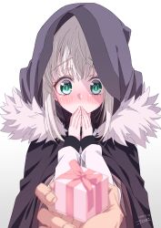 Rule 34 | 1girl, absurdres, blush, box, chili-tomato (gekikaraya), cloak, coat, covering own mouth, dated, fate (series), fur-trimmed coat, fur trim, gift, gift box, gradient background, gray (fate), grey background, grey cloak, hands over own mouth, highres, hood, hooded cloak, long sleeves, lord el-melloi ii case files, solo focus