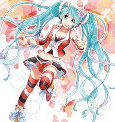 Rule 34 | 1girl, :d, aqua eyes, aqua hair, bare shoulders, bracelet, detached sleeves, hatsune miku, headset, highres, irono (irtyu), jewelry, long hair, midriff, navel, necklace, open mouth, skirt, smile, solo, striped clothes, striped thighhighs, thighhighs, twintails, very long hair, vocaloid