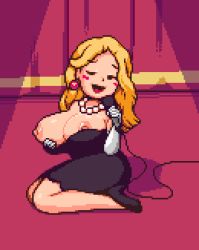 Rule 34 | 1girl, 7dogmin, :d, black dress, black footwear, blonde hair, blush stickers, breasts, cable, cleavage, clothes pull, collaboration, curtains, dress, dress pull, earrings, elbow gloves, full body, gloves, half-closed eye, hand up, high heels, highres, holding, holding microphone, jewelry, large breasts, long hair, microphone, mother (game), mother 2, music, necklace, nintendo, nipple slip, nipples, no socks, one eye closed, open mouth, pearl necklace, pixel art, revtilian, shadow, singing, smile, solo, spotlight, strapless, strapless dress, venus (mother), white gloves