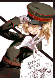 1boy 1girl ainz_ooal_gown armor artist_name black_background blonde_hair blue_eyes cloak copyright_name cropped_torso grin hair_between_eyes hand_on_headwear hat highres holding holding_sign hood hooded_cloak military_hat military_uniform open_hand outstretched_arms overlord_(maruyama) pauldrons short_hair shoulder_armor sign skeleton smile so-bin standing tanya_degurechaff two-tone_background uneven_eyes white_background wide-eyed youjo_senki