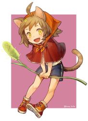 Rule 34 | 1girl, :d, ahoge, animal ears, brown hair, capelet, cat ears, cat tail, fang, female focus, kiitos, open mouth, original, shoes, short hair, shorts, smile, sneakers, solo, tail, twitter username
