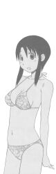 Rule 34 | 1girl, arms behind back, azumanga daiou, bikini, breasts, cleavage, highres, kurosawa minamo, large breasts, legs, looking at viewer, monochrome, navel, official art, open mouth, short hair, solo, swimsuit, thighs