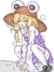 Rule 34 | 1boy, 1girl, black footwear, blonde hair, blush, brown headwear, clothed female nude male, commentary request, fumomono, heart, heart-shaped pupils, heavy breathing, hetero, highres, long hair, long sleeves, moriya suwako, nude, open mouth, purple skirt, purple vest, pyonta, saliva, sex, shirt, simple background, skirt, squatting cowgirl position, straddling, symbol-shaped pupils, thighhighs, touhou, turtleneck, vaginal, vest, white background, white shirt, white thighhighs, yellow eyes