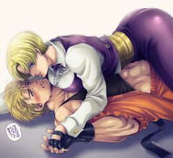 Rule 34 | 1boy, 1girl, absurdres, ass, belt, black belt, blonde hair, blue eyes, blush, bow, bowtie, breast press, breasts, collared shirt, couple, dougi, earrings, fingerless gloves, girl on top, gloves, highres, jewelry, king (snk), large breasts, looking at another, lying, martial arts belt, miru (mill 36), resized, ryou sakazaki, ryuuko no ken, shirt, short hair, snk, speech bubble, tears, the king of fighters, third-party edit, translation request, upscaled