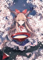 Rule 34 | 1girl, alcohol, black footwear, blue ribbon, blue skirt, bow, chain, cherry blossoms, closed mouth, cup, footwear bow, hair bow, hand on own knee, highres, holding, holding cup, horn ornament, horn ribbon, horns, ibuki suika, indian style, long hair, looking at viewer, minakata sunao, nature, night, night sky, orange hair, outdoors, petals, red bow, red eyes, red neckwear, ribbon, sakazuki, sake, shirt, shoes, sitting, skirt, sky, sleeveless, sleeveless shirt, smile, socks, solo, star (sky), starry sky, touhou, tree, white shirt, white socks, wrist cuffs