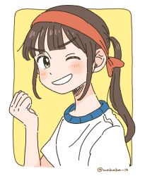 Rule 34 | 1girl, border, brown eyes, brown hair, clenched hand, grin, headband, highres, light blush, looking at viewer, medium hair, one eye closed, original, parted lips, ponytail, red headband, shirt, simple background, smile, solo, twitter username, upper body, wakaba maekawa, white border, white shirt