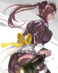 Rule 34 | 1girl, alcohol, black dress, bottle, breasts, bridal gauntlets, brown eyes, brown hair, cowboy shot, dress, fire emblem, fire emblem fates, fire emblem heroes, glass bottle, hair over one eye, holding, kagero (fire emblem), kagero (halloween) (fire emblem), large breasts, long hair, long sleeves, looking at viewer, looking back, maid, maid headdress, nintendo, official alternate costume, oh01861884, ponytail, puffy sleeves, simple background, solo, thighhighs, wine, wine bottle