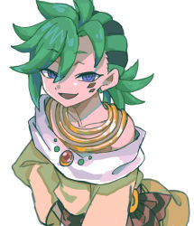 Rule 34 | 1boy, bad id, bad pixiv id, bike shorts, black hair, facial mark, green hair, jewelry, looking at viewer, mauro abelard, multicolored hair, necklace, o (rcmv4552), off shoulder, shadowverse, shadowverse (anime), simple background, smile, solo, spiked hair, tunic, two-tone hair, white background