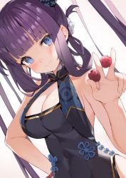 Rule 34 | 1girl, bare shoulders, black dress, blue eyes, blunt bangs, blush, breasts, china dress, chinese clothes, cleavage, closed mouth, covered navel, detached sleeves, dress, fate/grand order, fate (series), gedou (shigure seishin), hair ornament, hand on own hip, hand up, highres, large breasts, long hair, looking at viewer, lychee, purple hair, sidelocks, simple background, smile, solo, twintails, very long hair, white background, yang guifei (fate), yang guifei (second ascension) (fate)