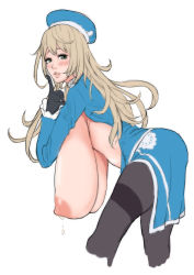 Rule 34 | 10s, 1girl, atago (kancolle), blonde hair, blue eyes, blush, breasts, breasts out, cropped legs, female focus, from side, gero 1992, gigantic breasts, gloves, hanging breasts, hat, kantai collection, lactation, leaning forward, lips, long hair, looking back, nipples, parted lips, sagging breasts, simple background, solo, white background
