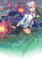 Rule 34 | 1girl, blue eyes, carrot (supercarrot), flower, headset, highres, jacket, lily (flower), lily pad, lotus, shoes, short hair, vocaloid, vocanese, water, wristband, yan he, yanhe