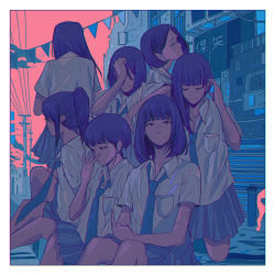 Rule 34 | 6+girls, blue neckwear, blue skirt, blue theme, bob cut, breast press, closed eyes, closed mouth, collared shirt, commentary request, facing away, limited palette, long hair, looking at viewer, multiple girls, necktie, original, pink sky, pleated skirt, pointing, ponytail, school uniform, shirt, short hair, short sleeves, sitting, skirt, sky, smile, standing, uniform, wataboku, wing collar