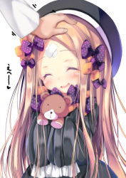 Rule 34 | 1girl, :d, ^ ^, abigail williams (fate), absurdres, black dress, black hat, blonde hair, blush, bow, closed eyes, crossed bandaids, dress, facing viewer, fate/grand order, fate (series), fingernails, hair bow, hands up, hat, head tilt, headpat, highres, holding, holding stuffed toy, long hair, long sleeves, neko pan, open mouth, orange bow, out of frame, parted bangs, polka dot, polka dot bow, purple bow, simple background, sleeves past fingers, sleeves past wrists, smile, solo focus, stuffed animal, stuffed toy, teddy bear, very long hair, white background