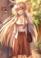 Rule 34 | 1girl, :d, adjusting hair, bag, blonde hair, blurry, blurry background, blush, breasts, cardigan, casual, cleavage, collarbone, commentary request, day, fate/grand order, fate (series), hair between eyes, handbag, head wings, highres, jewelry, large breasts, long hair, mashuu (neko no oyashiro), open cardigan, open clothes, open mouth, outdoors, red eyes, red skirt, shirt, sidelocks, skirt, smile, solo, thrud (fate), valkyrie (fate), very long hair, white cardigan, white shirt, wings