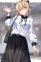 Rule 34 | 1girl, absurdres, ahoge, bag, black bow, black shorts, black skirt, blonde hair, blouse, bow, breasts, collared shirt, contemporary, fate/grand order, fate (series), hair bow, half updo, highres, koha-ace, large breasts, long sleeves, looking at viewer, okita souji (fate), okita souji (koha-ace), see-through, see-through skirt, shirt, short hair, shorts, shoulder bag, skirt, smile, solo, thighs, toukan, white shirt, yellow eyes