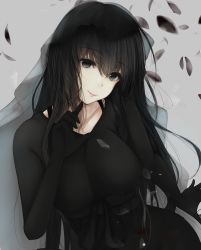 Rule 34 | 1girl, black eyes, black hair, blush, bodysuit, breasts, closed mouth, dutch angle, grey background, hair between eyes, head tilt, highres, large breasts, long hair, looking at viewer, original, petals, simple background, sitting, smile, solo, suzume (simple0091), upper body