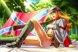 Rule 34 | 1girl, american civil war, belt, belt buckle, belt pouch, bikini, boots, breasts, buckle, confederate flag, confederate states of america, covered erect nipples, day, flag, freckles, full body, green eyes, gun, hat, hiroe rei, jacket, knee boots, light rays, lipstick, long hair, looking at viewer, makeup, medium breasts, military, military uniform, musket, open clothes, open jacket, open mouth, orange hair, original, pouch, print bikini, rifle, side-tie bikini bottom, sitting, solo, spurs, stomach, swimsuit, uniform, wavy hair, weapon
