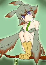 Rule 34 | 1girl, absurdres, between breasts, bird girl, blush, branch, breasts, empty eyes, freckles, gradient hair, green background, highres, inuge tama, ishuzoku reviewers, medium breasts, mimilo, multicolored hair, necktie, necktie between breasts, owl ears, owl girl, purple eyes, revealing clothes, short hair, simple background, solo, talons, winged arms, wings