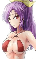 Rule 34 | 1girl, alternate costume, armpits, bikini, bow, breasts, cleavage, collarbone, hair bow, halterneck, highres, large breasts, long hair, looking at viewer, micro bikini, one-hour drawing challenge, parted lips, ponytail, purple hair, red bikini, red eyes, shiny skin, solo, swimsuit, touhou, underboob, upper body, watatsuki no yorihime, white background, y2, yellow bow