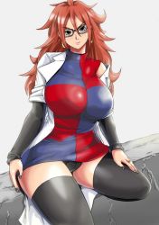 Rule 34 | 1girl, android 21, arm warmers, artist request, big hair, black nails, black pantyhose, breasts, brown hair, curly hair, curvy, dragon ball, dragon ball fighterz, dress, earrings, female focus, hand on thigh, hoop earrings, jewelry, lab coat, large breasts, long hair, looking at viewer, multicolored clothes, multicolored dress, nail polish, pantyhose, ring, sitting, solo, thick thighs, thighs