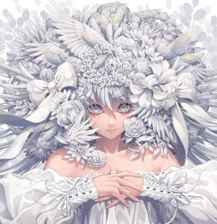 Rule 34 | 1girl, bare shoulders, bow, closed mouth, collarbone, feathered wings, flower, grey eyes, hair bow, hair flower, hair ornament, hair wings, hands on own chest, highres, long sleeves, looking at viewer, minami (minami373916), off shoulder, original, own hands together, puffy long sleeves, puffy sleeves, rose, silver hair, solo, upper body, white bow, white flower, white rose, white wings, wings