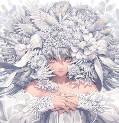 1girl bare_shoulders bow closed_mouth collarbone feathered_wings flower grey_eyes hair_bow hair_flower hair_ornament hair_wings hands_on_own_chest highres long_sleeves looking_at_viewer minami_(minami373916) off_shoulder original own_hands_together puffy_long_sleeves puffy_sleeves rose silver_hair solo upper_body white_bow white_flower white_rose white_wings wings