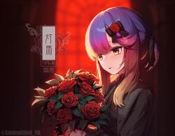 Rule 34 | 1girl, alternate costume, black dress, bouquet, character name, closed mouth, dress, flower, gradient hair, highres, holding, holding bouquet, kantai collection, long hair, long sleeves, multicolored hair, purple hair, red flower, red rose, rose, solo, tsushima (kancolle), twitter username, unidentified nk, upper body, yellow eyes