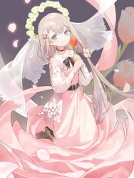 Rule 34 | 1girl, belt, black belt, black bow, black footwear, blue eyes, blush, boots, bow, closed mouth, commentary request, commission, dress, flower, flower wreath, grey hair, hair between eyes, high heel boots, high heels, highres, holding, holding flower, kneeling, long hair, long sleeves, original, petals, pink dress, pink flower, puffy long sleeves, puffy sleeves, red flower, shirt, skeb commission, smile, solo, tulip hat, very long hair, white shirt, yamiko
