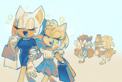 Rule 34 | 2boys, 2girls, amy rose, animal ears, animal nose, bag, bat ears, bat girl, bat wings, blue background, bracelet, closed eyes, commentary, dress, english commentary, fang, furry, furry female, furry male, gloves, hand on another&#039;s arm, hand on own face, happy, highres, holding, holding another&#039;s arm, holding bag, jewelry, multiple boys, multiple girls, ochibrochi, open mouth, rouge the bat, shadow the hedgehog, shoes, shopping bag, short sleeves, simple background, skirt, smile, sonic (series), sonic the hedgehog, white gloves, wings