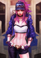 Rule 34 | 1girl, abs, absurdres, akali, asymmetrical clothes, bandeau, bangle, baseball cap, belt, belt buckle, blue eyes, bracelet, buckle, choker, commentary, cropped jacket, english commentary, fingerless gloves, gloves, hands in pockets, hat, highres, idol, jewelry, k/da (league of legends), k/da akali, league of legends, lips, looking at viewer, midriff, monori rogue, nail polish, navel, necklace, nose, official alternate costume, pants, pink hair, ponytail, purple gloves, single pantsleg, sleeves pushed up, solo, standing, toned, train interior
